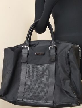 Michael Kors Black Nylon Perforated Leather Weekend Tote Bag Large